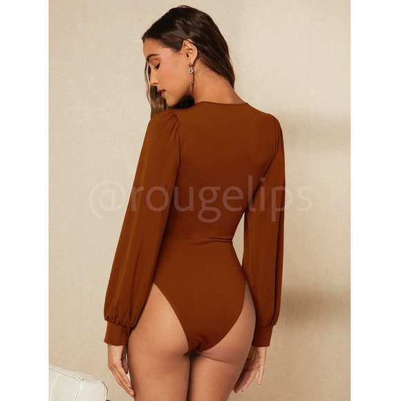Rusty Brown Elegant V neck Bodysuit Long Bishop Sleeves Stretchy Ruched Waist - Picture 4 of 8